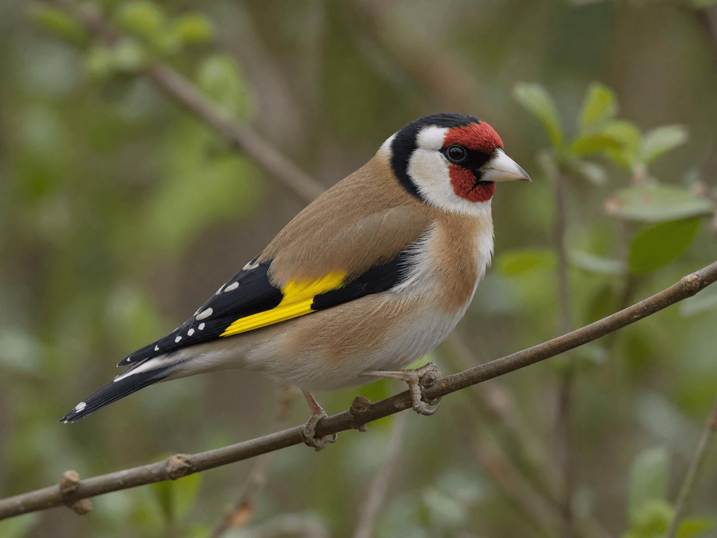 European Goldfinch perched on a thin branch